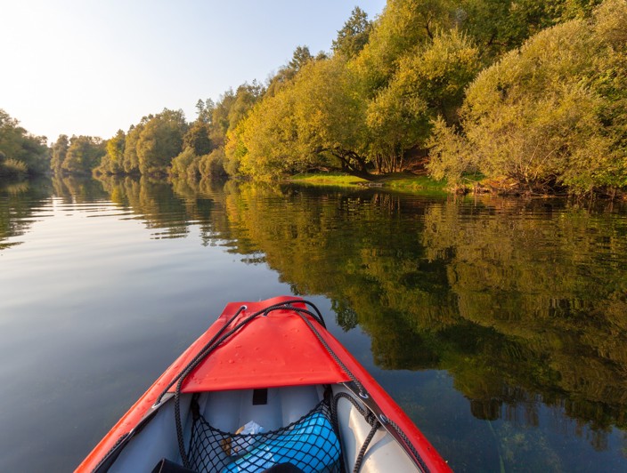 Vista da un kayak sul fiume Dobra circondato da natura e foresta