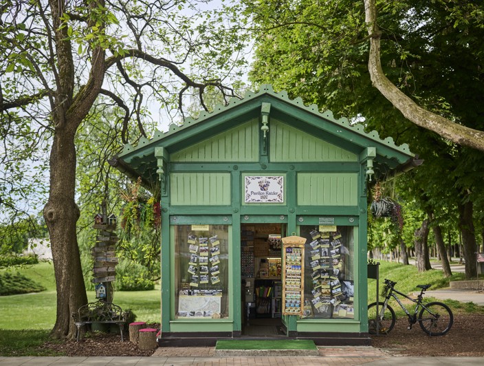 Green Paviljon Katzler in a park in Karlovac.