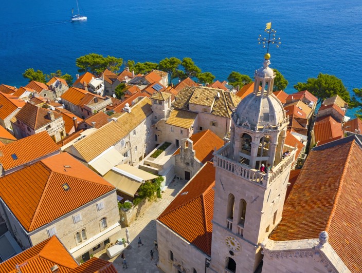 Areal view upon the tower of Saint Marks cathetradal at the island of Korcula