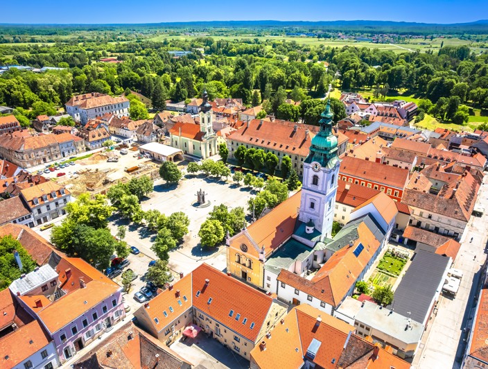 Aerial view of Karlovac old town with Holy Trinity Church and Franciscan monastery