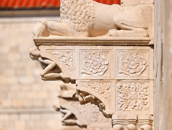 Details from the Saint Marks entrance at the island of Korcula showcasing stone art