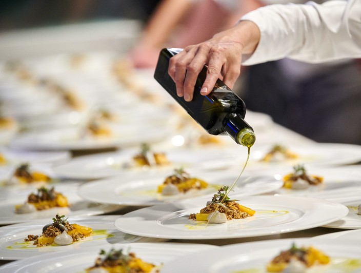 Gourmet presentation of dishes enhanced with local olive oil from Orebic, Peljesac Peninsula.