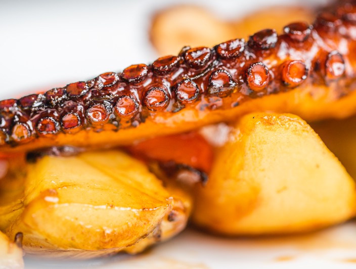 Delicious grilled octopus served with roasted potatoes, a local specialty from Orebic, Peljesac Peninsula.