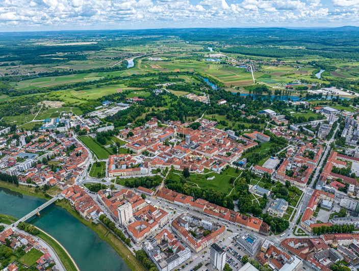 Aerial view of Karlovac and the historic Zvijezda old town surrounded by rivers