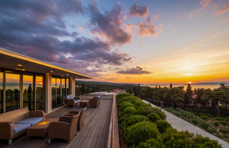 Terrace of the congress hall at Aminess Vival Velaris Resort on Brač Island with sea and sunset view