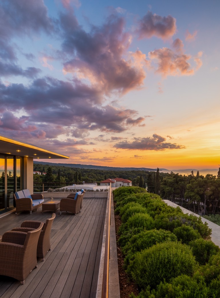Terrace of the congress hall at Aminess Vival Velaris Resort on Brač Island with sea and sunset view