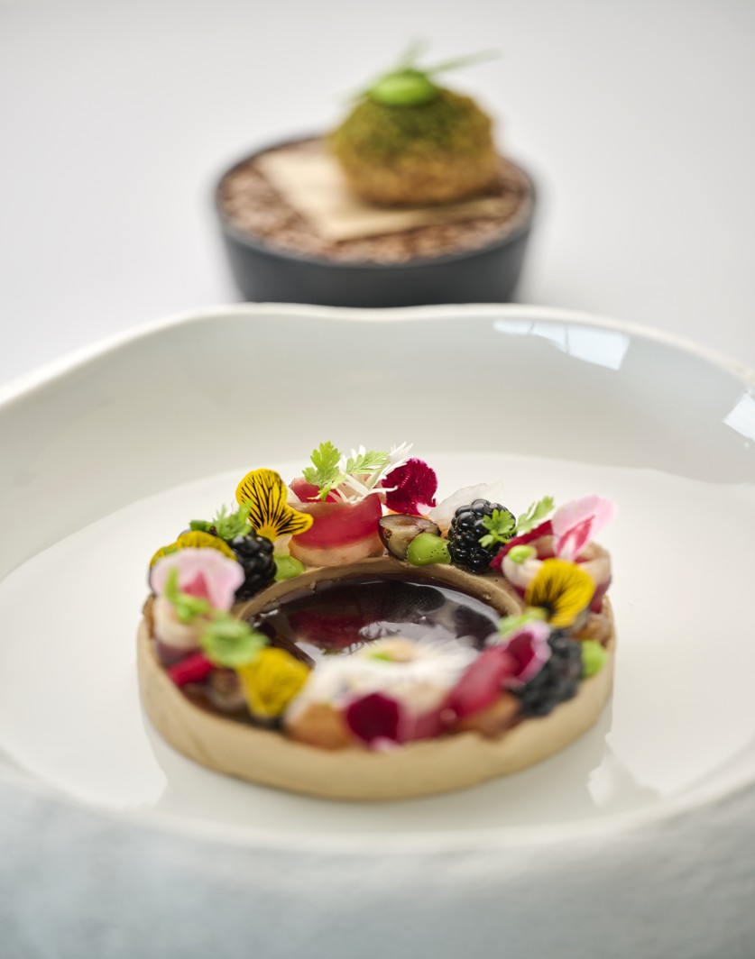 Aminess fine dining jelo od odreska s umakom od cikle i šarenim prilogom.