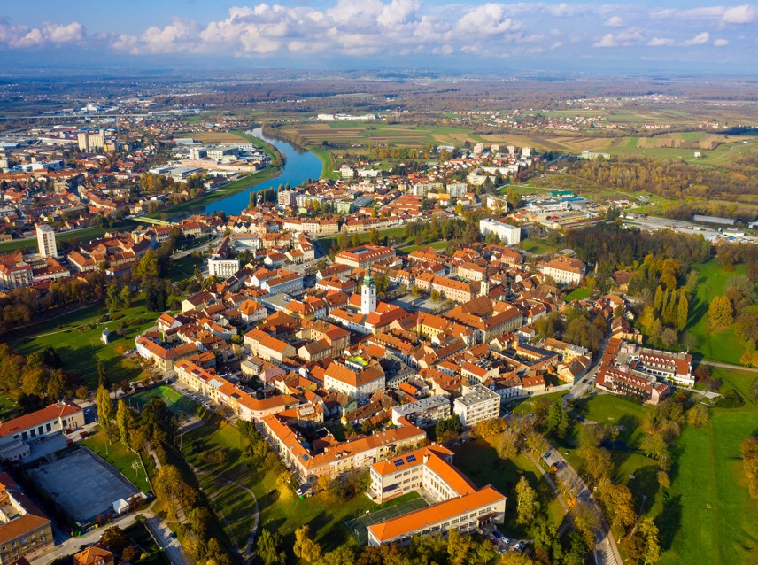 Aerial view of Karlovac old town Zvijezda surrounded by rivers and nature