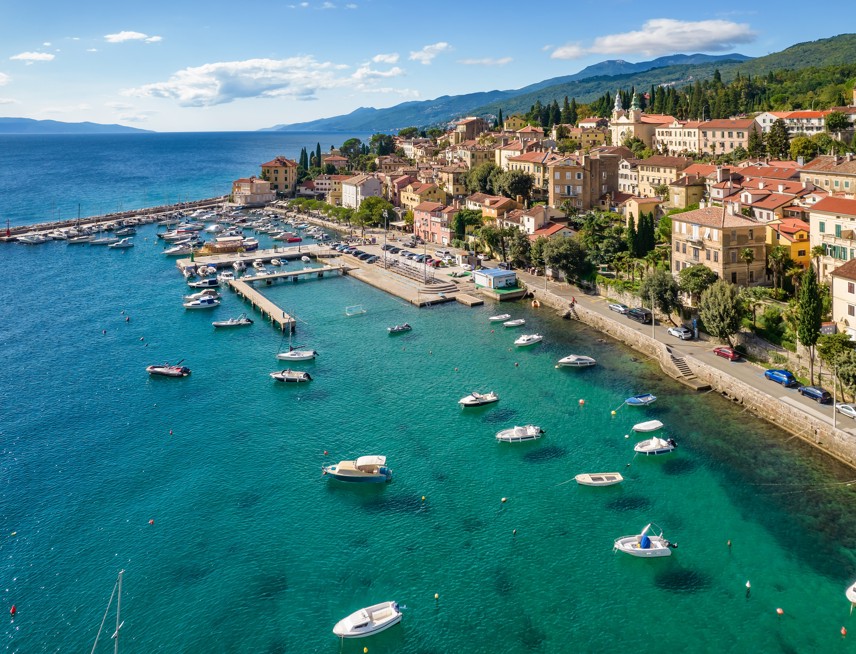 Aerial view of Volosko and Opatija harbour with the Adriatic blue sea.