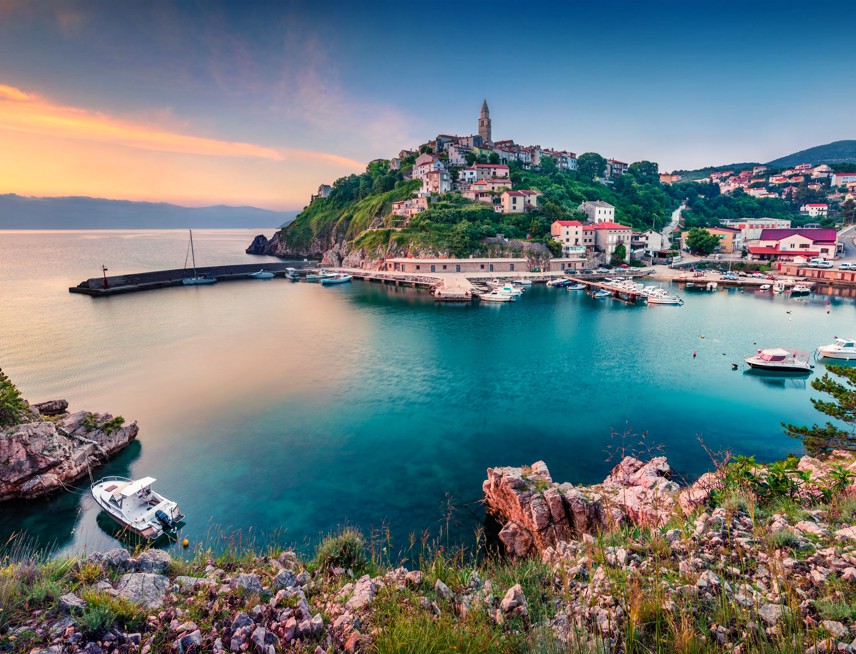 View of the town of Krk during a sunset