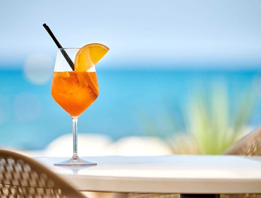 A glass of Aperol Spitz in a bar at the Aminess Planet Camping Maravea, Novigrad