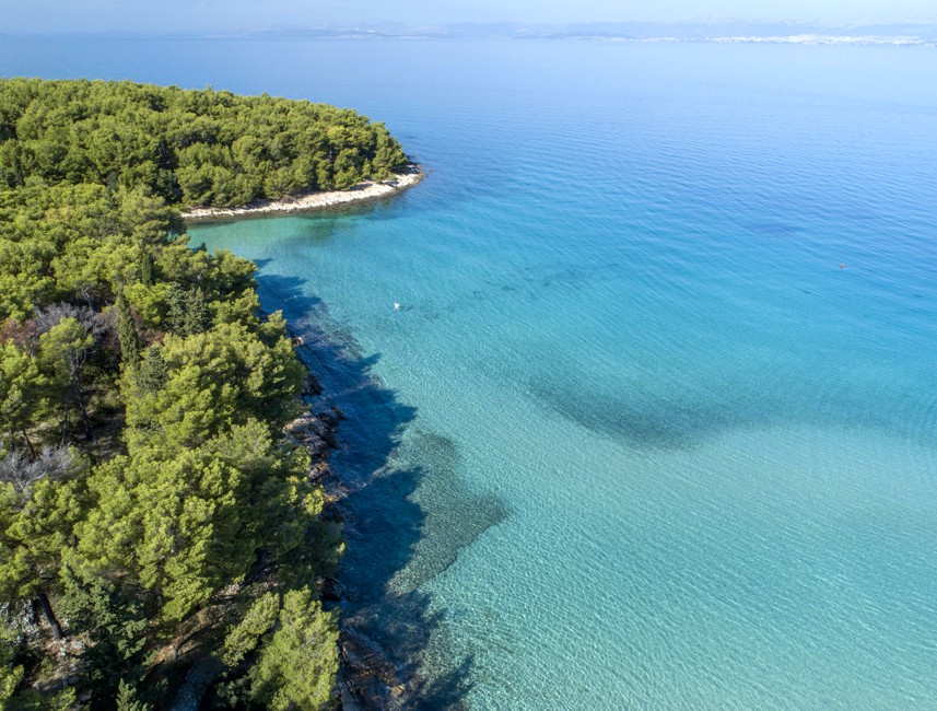 Aerial view of a rocky beach on Brač Island, Croatia, surrounded by lush green vegetation and the clear blue Adriatic Sea.