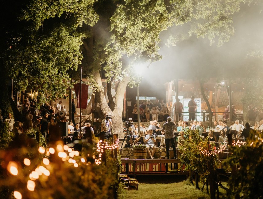 Outdoor evening event near Novi Vinodolski with live music, elegant lighting, and a vibrant atmosphere among trees and wine enthusiasts.