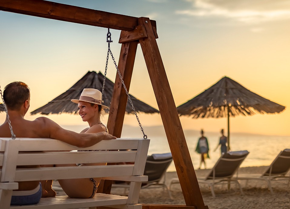 Beautiful sunset at Buba Beach Bar in front of the Aminess Laurel Khalani Hotel in Makarska.