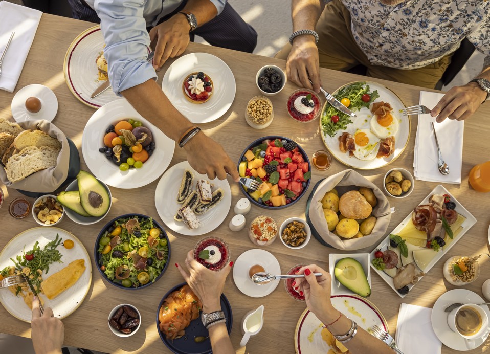 Delicious hotel breakfast with a variety of dishes at The Above rooftop restaurant of Aminess Khalani Hotel in Makarska