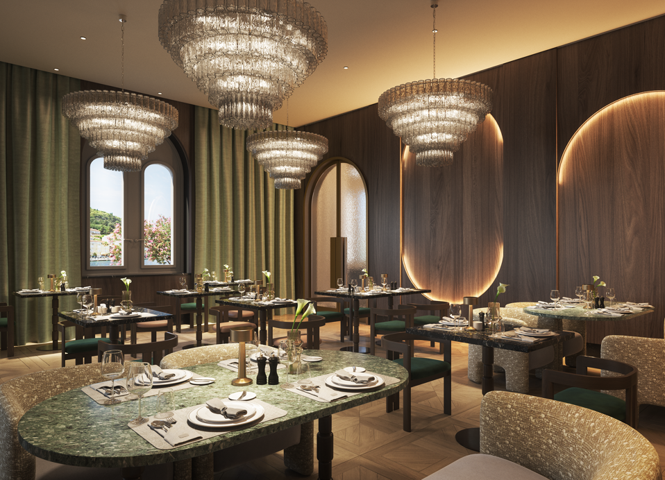 Refined interior of Younique Korčula Heritage Restaurant with elegantly set tables, crystal chandeliers and a warm atmosphere for a premium dining experience