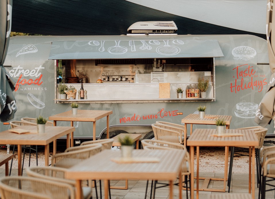 Street food truck at the Oleandar bar at Aminess Planet Camping Sirena, Novigrad, Croatia