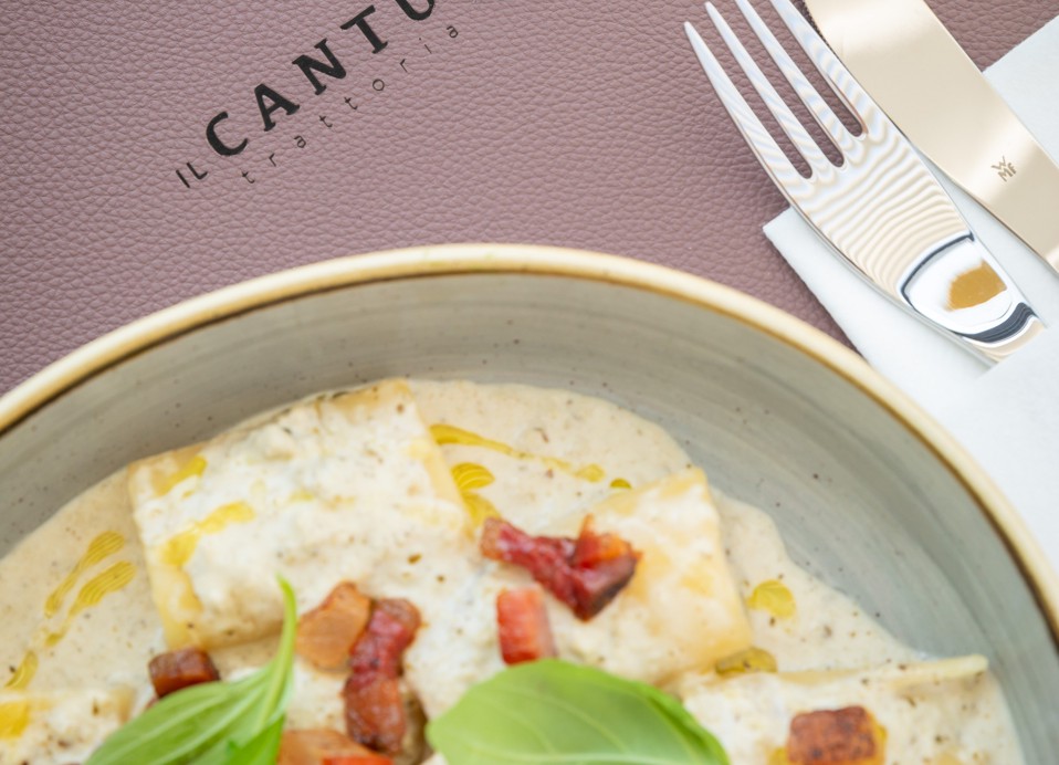 Pasta in a creamy sauce with pancetta and basil at Il Cantuccio