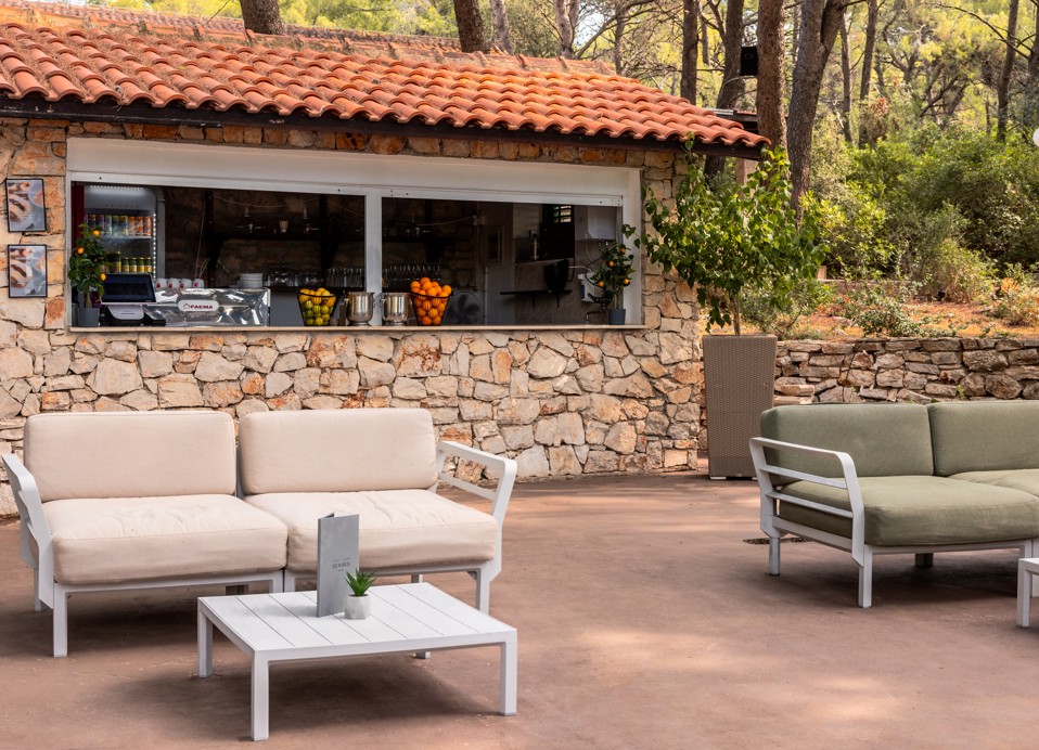 Comfortable relax chairs on the seaside terrace at Soline & Beach Bar, Aminess Younique Senses Resort