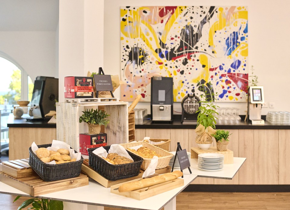 A detailed look at the buffet selection at Restaurant Rondela, featuring an assortment of breads, pastries, and breakfast items at Aminess Maradiso Casa Bellevue.