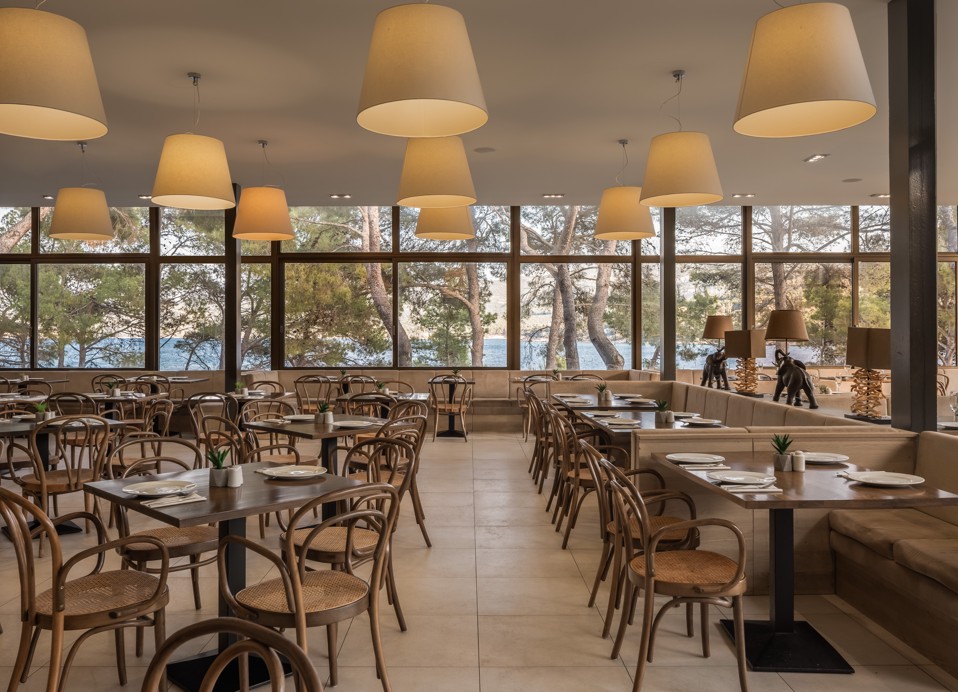Restaurant Unico at Aminess Younique Senses Resort on Hvar Island with a sea and pine forest view