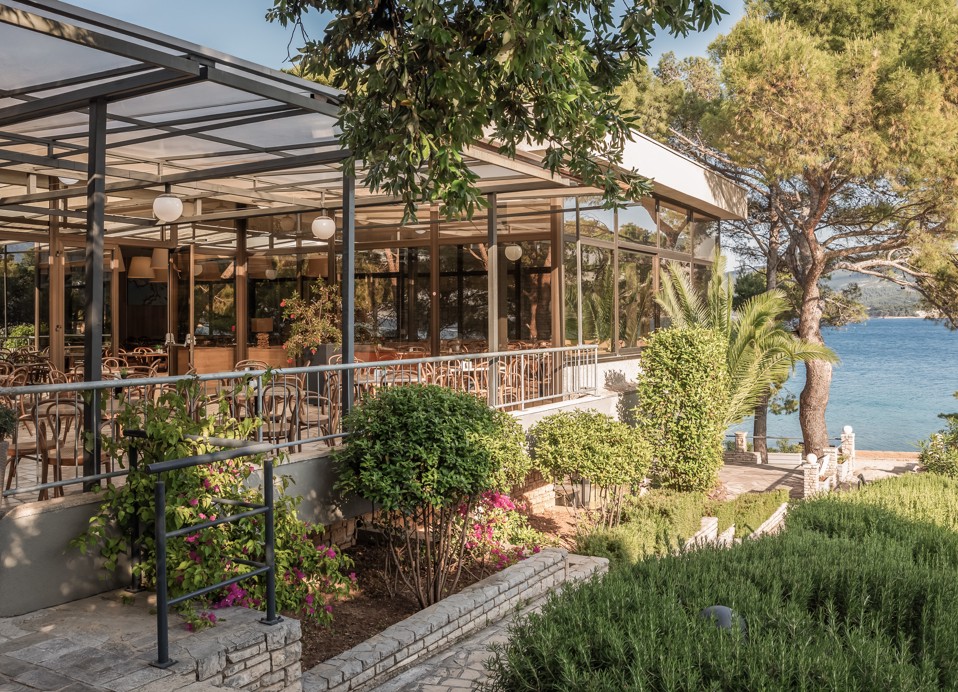 Exterior view of Restaurant Unico at Aminess Younique Senses Resort on Hvar Island with sea and garden view