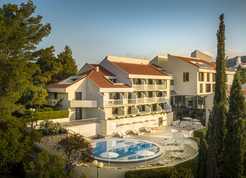 Mediterranean modern, mid-century style stone design on the island of Korcula at the Aminess Younique Liburna Hotel.