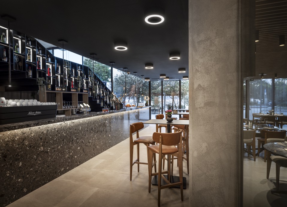 Stylish and modern lobby bar area at Aminess Younique Narrivi Hotel.