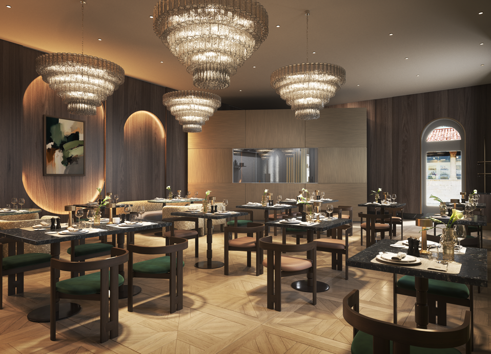 Elegant dining area of Younique Korčula Heritage Restaurant featuring refined furniture, crystal chandeliers and a warm atmosphere for a premium dining experience