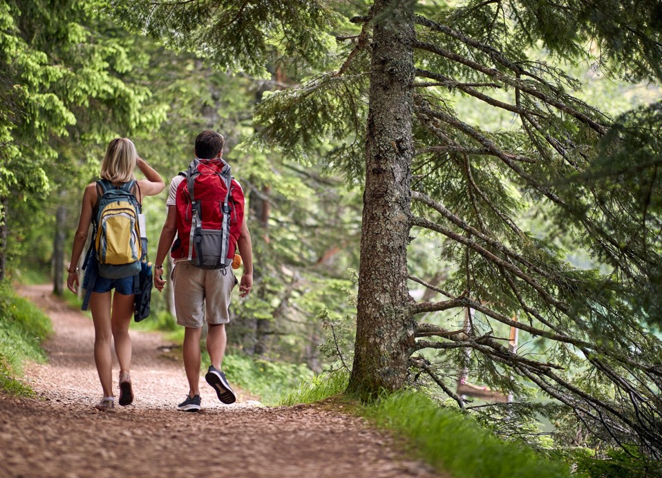Two hikers with backpacks walk along a forest trail near Karlovac.