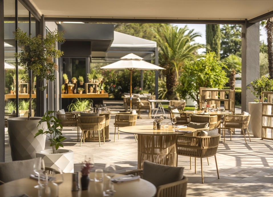 Terrace of the Oliveto restaurant at Aminess Planet Camping Sirena, Novigrad, Croatia