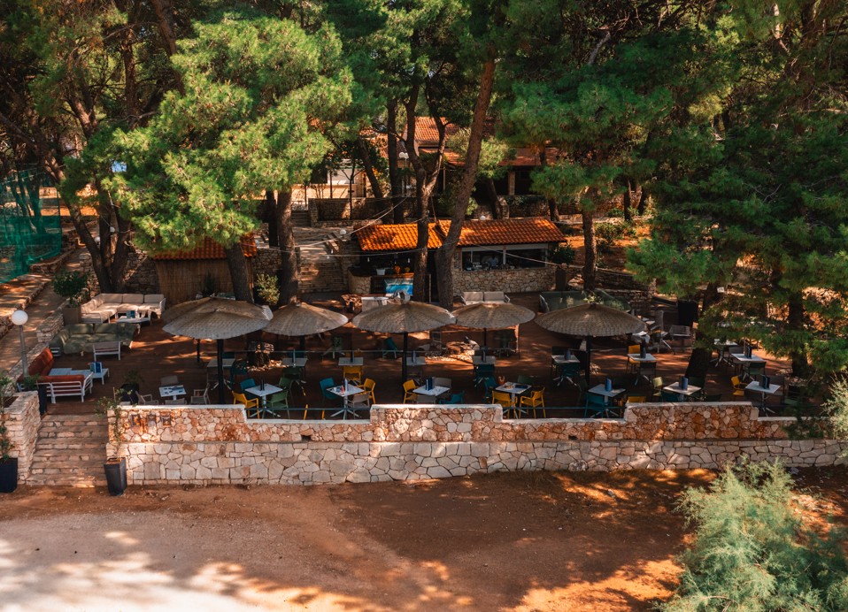 Aerial view of the seaside terrace at Restaurant Soline & Beach Bar, Aminess Younique Senses Resort