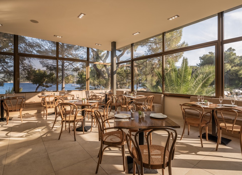 Restaurant Unico at Aminess Younique Senses Resort on Hvar Island with sea and pine forest view