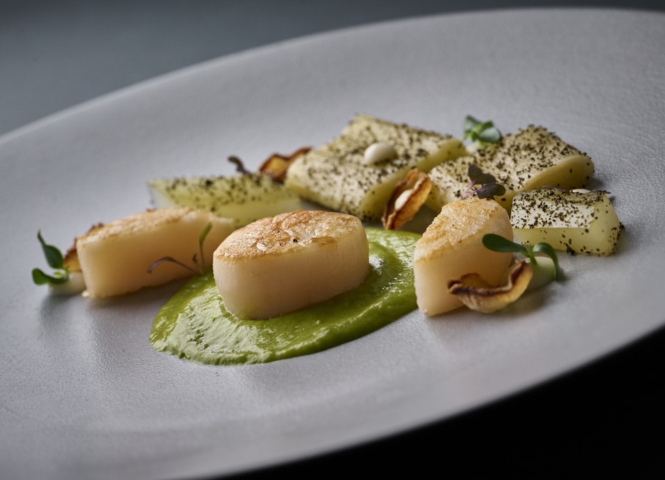 Capesante servite con porro, cetriolo e pastinaca croccante, antipasti caldi al 7 Seas Restaurant & Bar a Korcula.