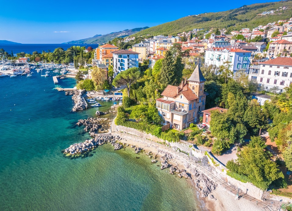 Aerial view of the Opatija coast with villas, promenade and harbour