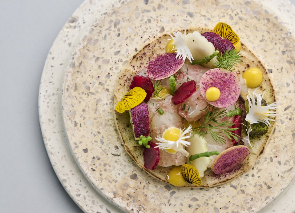 Piatto gourmet di frutti di mare con verdure e fiori edibili all'Aminess Seven Seas.