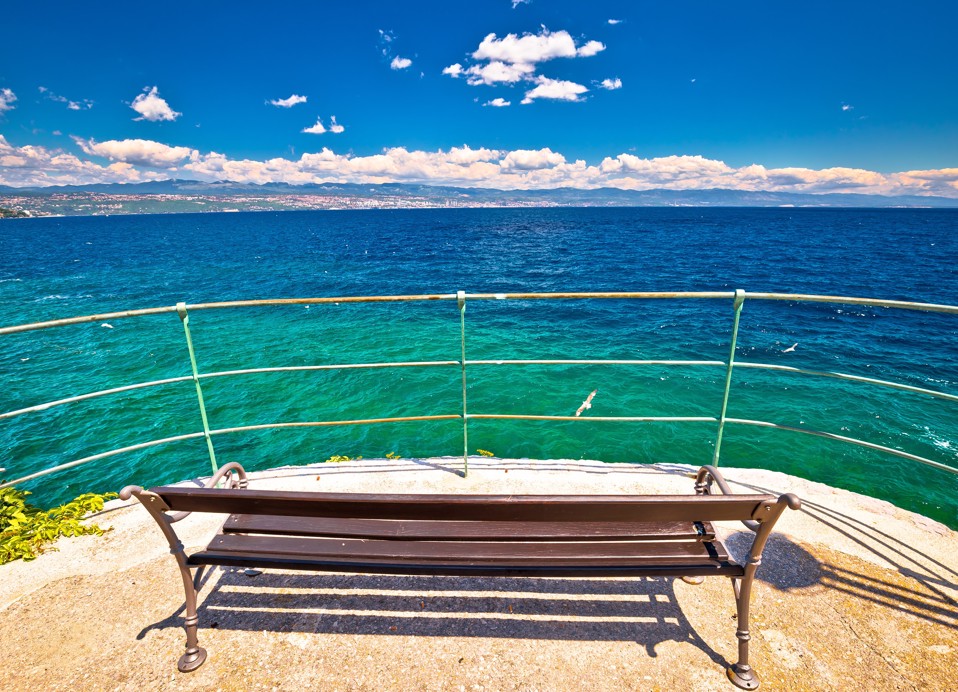 Bench at a seaside viewpoint overlooking the Kvarner Bay