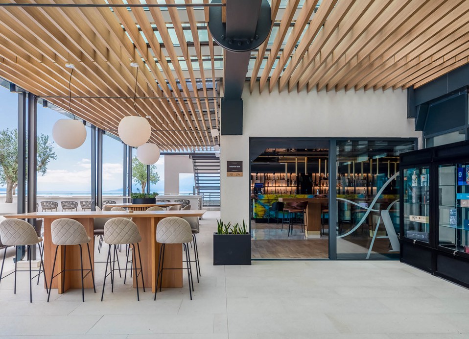 Outdoor space in front of the of the The Above restaurant at Aminess Laurel Khalani hotel.