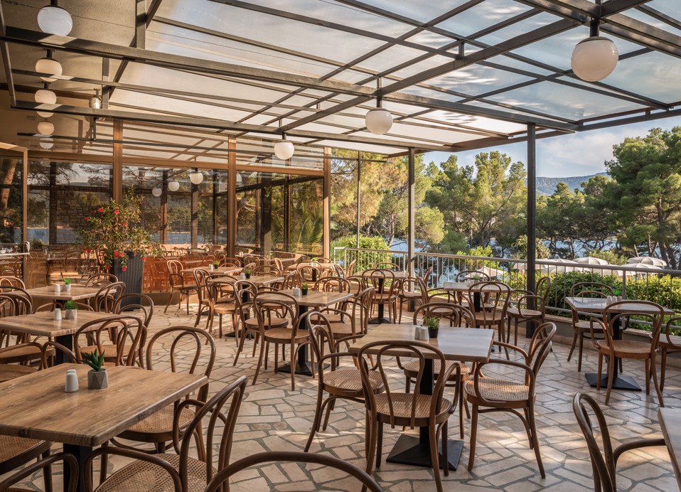 Terrace of Restaurant Unico at Aminess Younique Senses Resort on Hvar Island with sea view