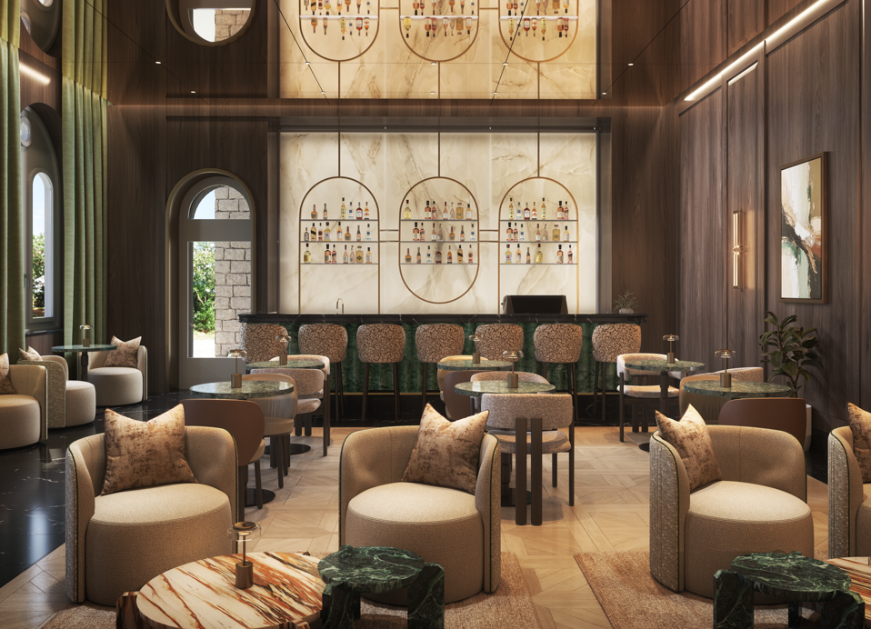 Refined interior of Younique Korčula Heritage Bar with elegant lounge seating, a designer bar and a warm, inviting atmosphere