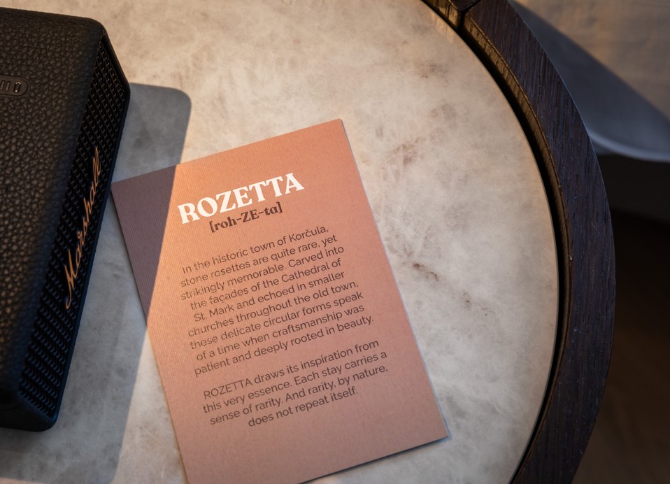 Rozetta card and speaker as a room detail at Younique Korcula Heritage Hotel.