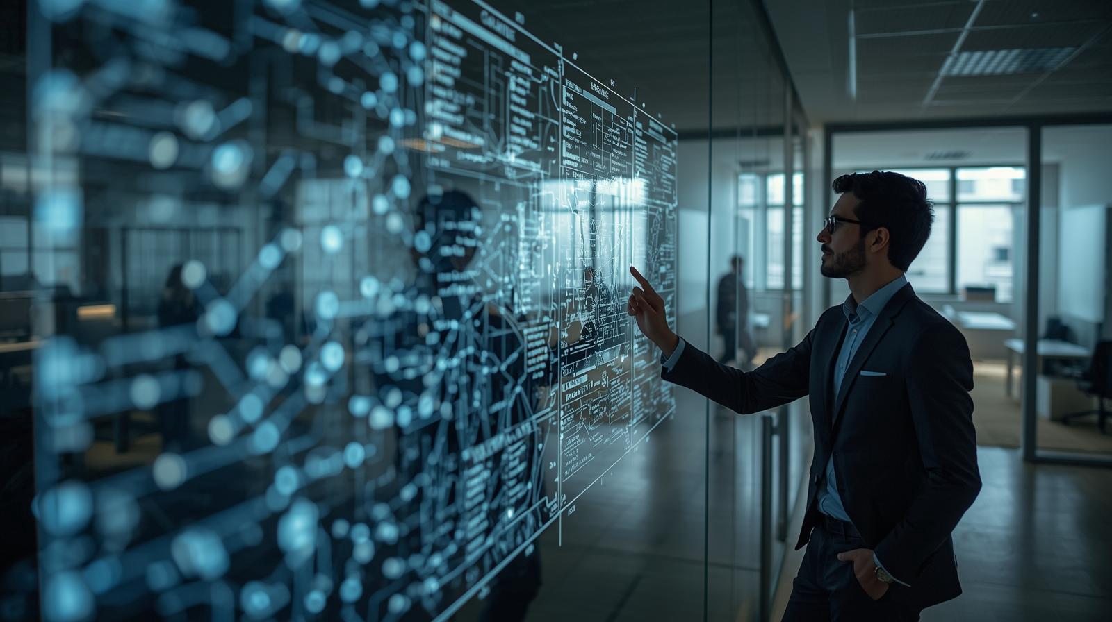 Architect reviewing a data lineage map on glass board; realistic office scene (avoid AI-brain clichés)