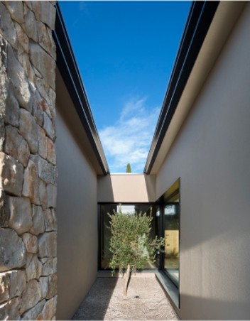 Courtyard of modern Istrian holiday home with stone walls, featuring an olive tree